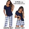 image:imageEkouaer 3 PCS Capri Pajamas for Women Set Short Sleeve Pajama Sets Floral Pj Sets Soft Sleepwear with PocketsNavy Plaid