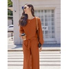 image:imageEkouaer Knit Lounge Sets for Women 2 Piece Cozy Long Sleeve Pullover Sweater Top and Wide Leg Pants Set Pajamas OutfitsCaramel