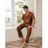 image:imageEkouaer Men Satin Silk Pajamas Set 2 Piece Button Down Sleepwear Long Pants Loungewear with PocketsBrown