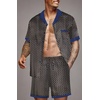 image:imageEkouaer Men Satin Silk Pajamas Set with Pockets Sleepwear Shorts Satin Summer Loungewear 2 Piece Button Down Set S3XLGeometric Yellow