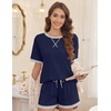 image:imageEkouaer Pajamas for Women Short Sleeve Pjs Sets Crewneck Striped Tops and Shorts 2 Piece Lounge Sets with Pockets SXXLSolidnavy Blue