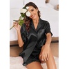 image:imageEkouaer Satin Pajama Set for Women Button Down Silk 2 Piece Pj Sets Ruffle Short Sleeve SleepwearBlack