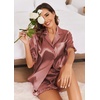 image:imageEkouaer Satin Pajama Set for Women Button Down Silk 2 Piece Pj Sets Ruffle Short Sleeve SleepwearBrown
