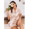 image:imageEkouaer Satin Pajama Set for Women Button Down Silk 2 Piece Pj Sets Ruffle Short Sleeve SleepwearChampagne