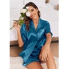 image:imageEkouaer Satin Pajama Set for Women Button Down Silk 2 Piece Pj Sets Ruffle Short Sleeve SleepwearDark Blue