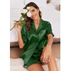 image:imageEkouaer Satin Pajama Set for Women Button Down Silk 2 Piece Pj Sets Ruffle Short Sleeve SleepwearDark Green