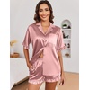 image:imageEkouaer Satin Pajama Set for Women Button Down Silk 2 Piece Pj Sets Ruffle Short Sleeve SleepwearFuchsia