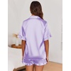 image:imageEkouaer Satin Pajama Set for Women Button Down Silk 2 Piece Pj Sets Ruffle Short Sleeve SleepwearLavender