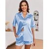image:imageEkouaer Satin Pajama Set for Women Button Down Silk 2 Piece Pj Sets Ruffle Short Sleeve SleepwearLight Blue
