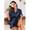 image:imageEkouaer Satin Pajama Set for Women Button Down Silk 2 Piece Pj Sets Ruffle Short Sleeve SleepwearNavy Blue