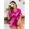 image:imageEkouaer Satin Pajama Set for Women Button Down Silk 2 Piece Pj Sets Ruffle Short Sleeve SleepwearRose Red