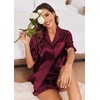 image:imageEkouaer Satin Pajama Set for Women Button Down Silk 2 Piece Pj Sets Ruffle Short Sleeve SleepwearWine Red