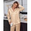 image:imageEkouaer Satin Pajama Set for Women Silky Sleepwear Long Sleeve Top and Pants Button Down Pjs Lounge SetKhaki