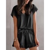 image:imageEkouaer Satin Pajamas for Women Short Sleeve Silk Sleepwear 2 Piece Pjs Set with Ruffled Shorts Casual LoungewearBlack