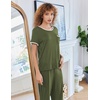 image:imageEkouaer Women Lounge Pajamas Sets Ribbed Knit PJ Short Sleeve and Long Pajama Pant Soft 2 Piece Sleepwear Loungwear SetArmy Green