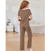 image:imageEkouaer Women Lounge Pajamas Sets Ribbed Knit PJ Short Sleeve and Long Pajama Pant Soft 2 Piece Sleepwear Loungwear SetBrown