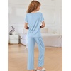 image:imageEkouaer Women Lounge Pajamas Sets Ribbed Knit PJ Short Sleeve and Long Pajama Pant Soft 2 Piece Sleepwear Loungwear SetClear Blue