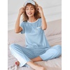 image:imageEkouaer Women Lounge Pajamas Sets Ribbed Knit PJ Short Sleeve and Long Pajama Pant Soft 2 Piece Sleepwear Loungwear SetClear Blue