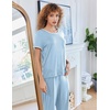 image:imageEkouaer Women Lounge Pajamas Sets Ribbed Knit PJ Short Sleeve and Long Pajama Pant Soft 2 Piece Sleepwear Loungwear SetClear Blue