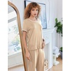 image:imageEkouaer Women Lounge Pajamas Sets Ribbed Knit PJ Short Sleeve and Long Pajama Pant Soft 2 Piece Sleepwear Loungwear SetDark Khaki