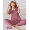 image:imageEkouaer Women Lounge Pajamas Sets Ribbed Knit PJ Short Sleeve and Long Pajama Pant Soft 2 Piece Sleepwear Loungwear SetDark Pink