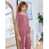 image:imageEkouaer Women Lounge Pajamas Sets Ribbed Knit PJ Short Sleeve and Long Pajama Pant Soft 2 Piece Sleepwear Loungwear SetDark Pink