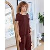 image:imageEkouaer Women Lounge Pajamas Sets Ribbed Knit PJ Short Sleeve and Long Pajama Pant Soft 2 Piece Sleepwear Loungwear SetDark Red