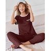 image:imageEkouaer Women Lounge Pajamas Sets Ribbed Knit PJ Short Sleeve and Long Pajama Pant Soft 2 Piece Sleepwear Loungwear SetDark Red