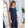 image:imageEkouaer Women Lounge Pajamas Sets Ribbed Knit PJ Short Sleeve and Long Pajama Pant Soft 2 Piece Sleepwear Loungwear SetNavy Blue