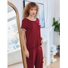image:imageEkouaer Women Lounge Pajamas Sets Ribbed Knit PJ Short Sleeve and Long Pajama Pant Soft 2 Piece Sleepwear Loungwear SetWine Red
