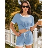 image:imageEkouaer Women Ribbed Knit Pajama Sets 2 Piece Short Sleeve Top and Shorts Soft Pjs Sleepwear with Pockets Lounge Sets SXXLClear Blue