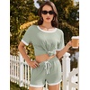 image:imageEkouaer Women Ribbed Knit Pajama Sets 2 Piece Short Sleeve Top and Shorts Soft Pjs Sleepwear with Pockets Lounge Sets SXXLMint Green