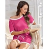 image:imageEkouaer Women Ribbed Knit Pajama Sets 2 Piece Short Sleeve Top and Shorts Soft Pjs Sleepwear with Pockets Lounge Sets SXXLRose Red