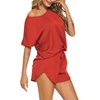 image:imageEkouaer Women Satin Pajama Set Short Sleeve Lightweight Silk Pajama Set 2 Piece Lounge Sets with ShortsRed