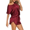 image:imageEkouaer Women Satin Pajama Set Short Sleeve Lightweight Silk Pajama Set 2 Piece Lounge Sets with ShortsWine Red