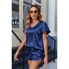 image:imageEkouaer Women Satin Pajamas Set Ruffle Sleeves Silk Pj Set Soft V Neck Sleepwear LoungewearNavy Blue