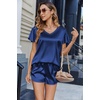 image:imageEkouaer Women Satin Pajamas Set Ruffle Sleeves Silk Pj Set Soft V Neck Sleepwear LoungewearNavy Blue