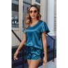 image:imageEkouaer Women Satin Pajamas Set Ruffle Sleeves Silk Pj Set Soft V Neck Sleepwear LoungewearPeacock Blue