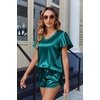 image:imageEkouaer Women Satin Pajamas Set Ruffle Sleeves Silk Pj Set Soft V Neck Sleepwear LoungewearTeal