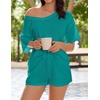 image:imageEkouaer Womens 2 Piece Short Sleeve Waffle Knit V Neck Off Shoulder Casual Loose Fit Sweatsuit OutfitsGreen