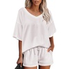 image:imageEkouaer Womens 2 Piece Short Sleeve Waffle Knit V Neck Off Shoulder Casual Loose Fit Sweatsuit OutfitsWhite