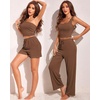 image:imageEkouaer Womens 4 Piece Lounge Sets Ribbed Knit Crop Tank Top and Shorts Pants Casual OutfitsBrown