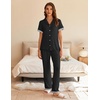 image:imageEkouaer Womens Pajama Sets Short Sleeve Button Up Pjs Chic Contrast Trim Long Pants with PocketsSoft Loungewear Set SXXLBlack
