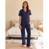 image:imageEkouaer Womens Pajama Sets Short Sleeve Button Up Pjs Chic Contrast Trim Long Pants with PocketsSoft Loungewear Set SXXLNavy Blue