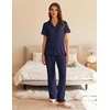 image:imageEkouaer Womens Pajama Sets Short Sleeve Button Up Pjs Chic Contrast Trim Long Pants with PocketsSoft Loungewear Set SXXLNavy Blue