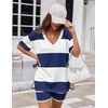 image:imageEkouaer Womens Pajamas 2 Piece Lounge Sets Oversized V Neck TShirts Tops Biker Shorts Set Workout Reversible Tracksuit SXXLDark BlueStripes