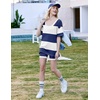 image:imageEkouaer Womens Pajamas 2 Piece Lounge Sets Oversized V Neck TShirts Tops Biker Shorts Set Workout Reversible Tracksuit SXXLDark BlueStripes