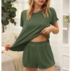 image:imageEkouaer Womens Pajamas 2 Piece Ribbed Knit Pjs Short Sleeve Sleepwear Set Summer Soft Pajamas Set Casual Lounge SetsArmy Green