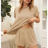 image:imageEkouaer Womens Pajamas 2 Piece Ribbed Knit Pjs Short Sleeve Sleepwear Set Summer Soft Pajamas Set Casual Lounge SetsBeige