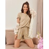 image:imageEkouaer Womens Pajamas 2 Piece Ribbed Knit Pjs Short Sleeve Sleepwear Set Summer Soft Pajamas Set Casual Lounge SetsBeige